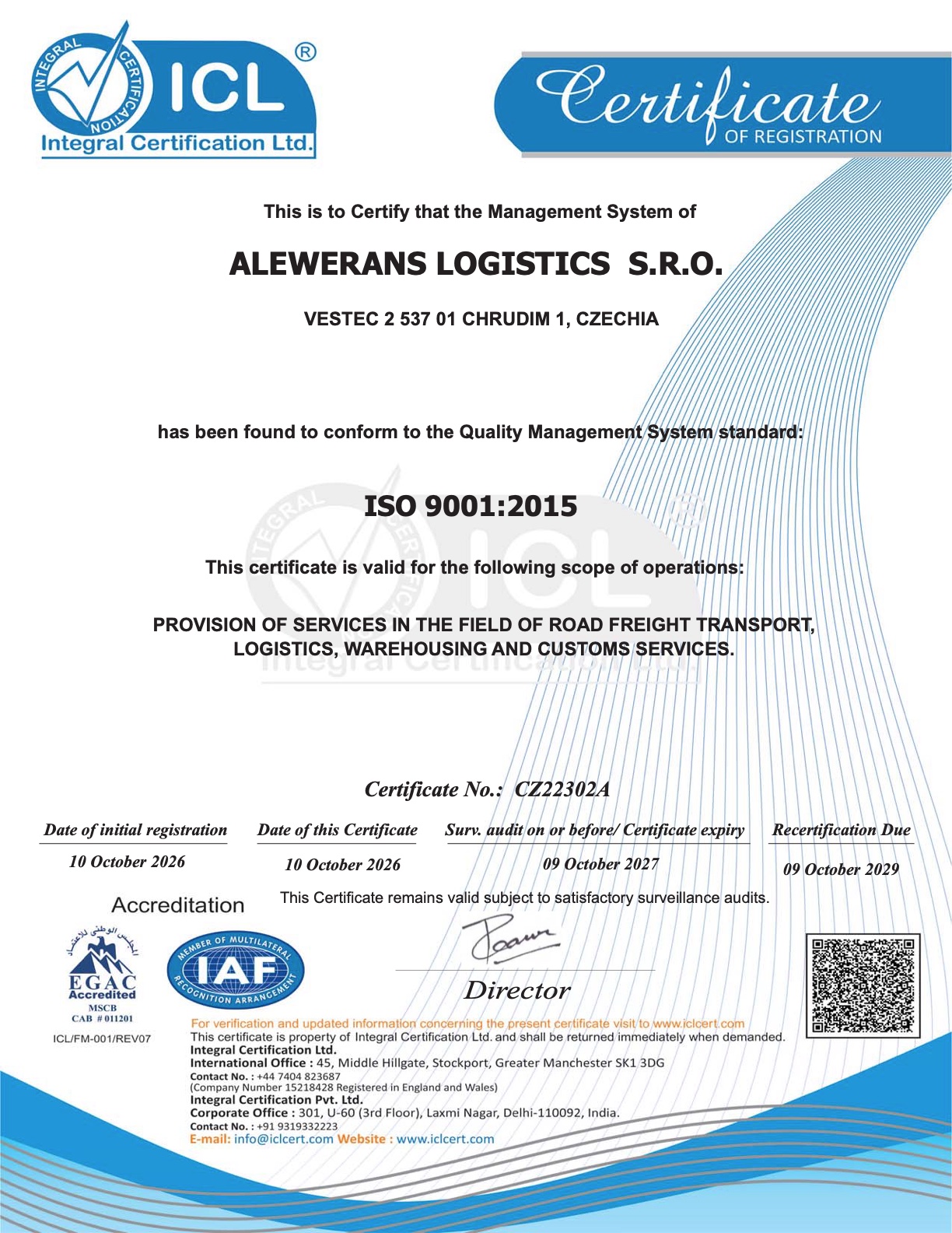 Akreditovaný certifikát ISO 9001:2015 společnosti Alewerans Logistics vydaný Integral Certification Ltd.