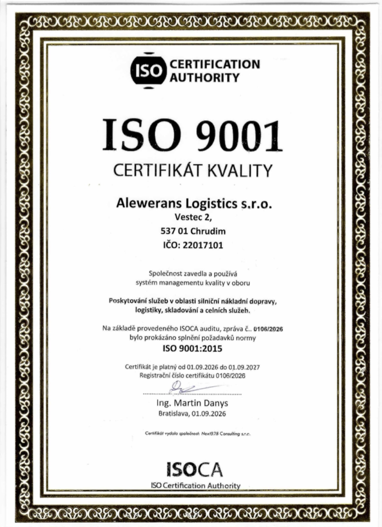 Certifikát kvality ISO 9001:2015 společnosti Alewerans Logistics vydaný ISOCA